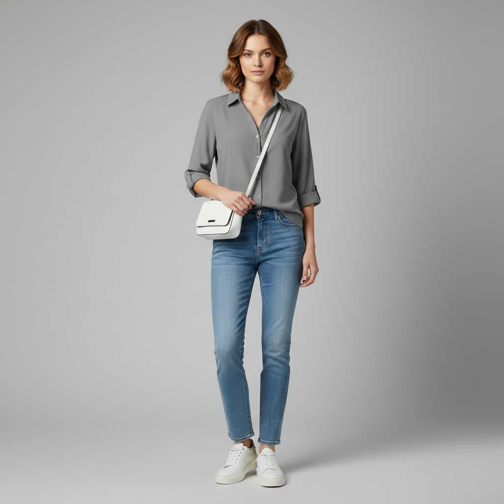 Graue Damenbluse | Lässige Bluse mit Kragen und Knopfleiste