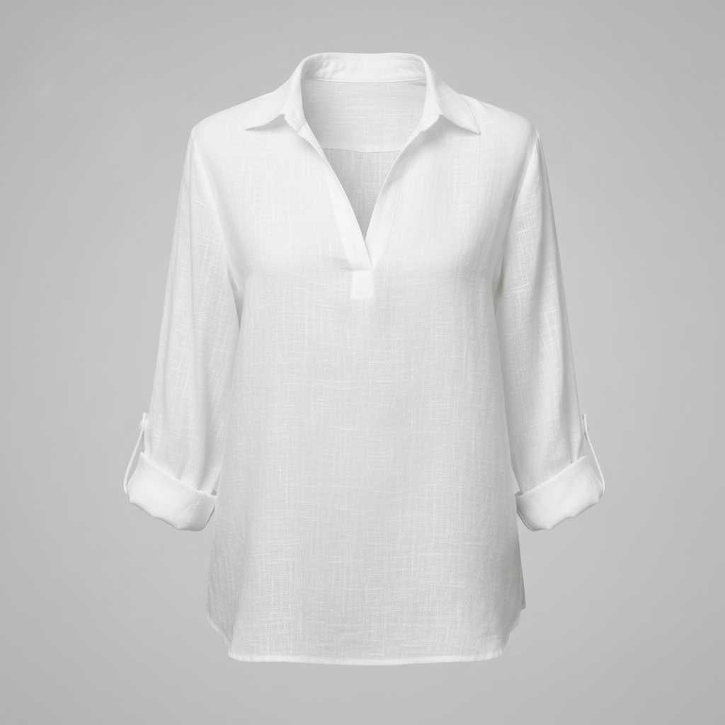 Weiße Bluse Damen mit V-Ausschnitt | Damenbluse Baumwoll-Leinen