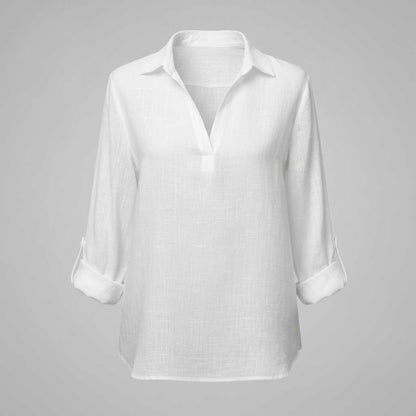 Weiße Bluse Damen mit V-Ausschnitt | Damenbluse Baumwoll-Leinen